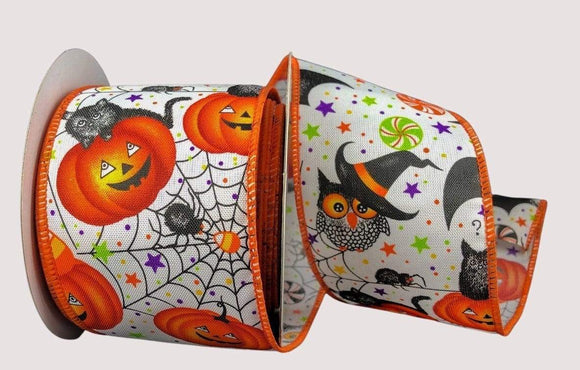 PerpetualRibbons Halloween 2.5 inch White Satin Halloween Collage Ribbon featuring Pumpkins, Spiders, Cats, Owls & Candy - 10 Yards