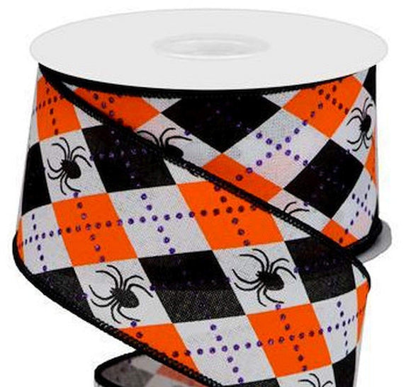 PerpetualRibbons Halloween 2.5 Inch Wired Halloween Ribbon - Black Spiders on White, Orange & Black Canvas Argyle Ribbon - 10 Yards