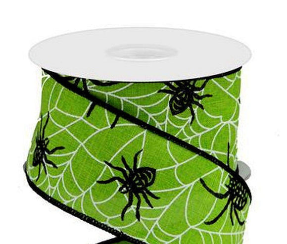 PerpetualRibbons Halloween 2.5 Inch Wired Halloween Ribbon - Black Spiders & White Web on Lime Green Canvas Ribbon - 10 Yards