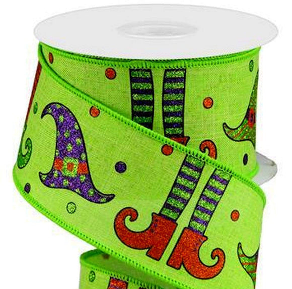 PerpetualRibbons Halloween 2.5 Inch Wired Halloween Ribbon - Glitter Witch Hats & Legs on Lime Green Canvas Ribbon - 10 Yards