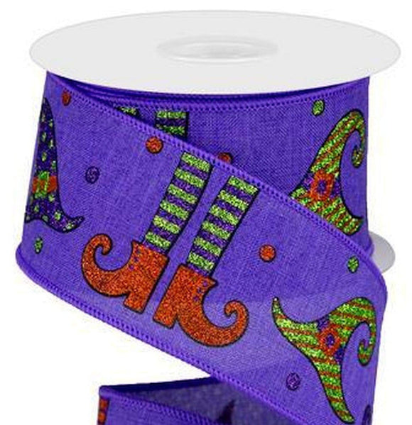 PerpetualRibbons Halloween 2.5 Inch Wired Halloween Ribbon - Glitter Witch Hats & Legs on Purple Canvas Ribbon - 10 Yards