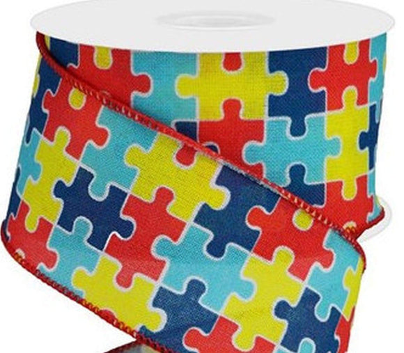 PerpetualRibbons Kids 10 Yards Wired Autism Awareness Ribbon (Canvas) - 2.5 inch Yellow, Light Blue, Red & Dark Blue Puzzle Pieces - Autism Awareness Month April