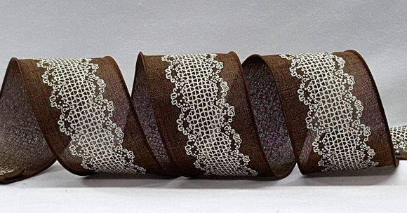 PerpetualRibbons Misc Ribbon 2.5  inch Brown Canvas Ribbon with White Lace Printed Down - 10 Yards