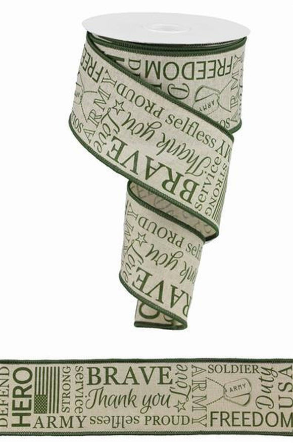 PerpetualRibbons Misc Ribbon 2.5 inch Wired Army Green & Natural US Army Ribbon - Soldier - 10 Yards