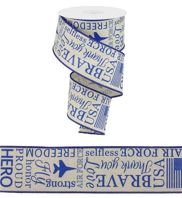 PerpetualRibbons Misc Ribbon 2.5 inch Wired Natural & Blue US Air Force Ribbon - Airman - 10 Yards