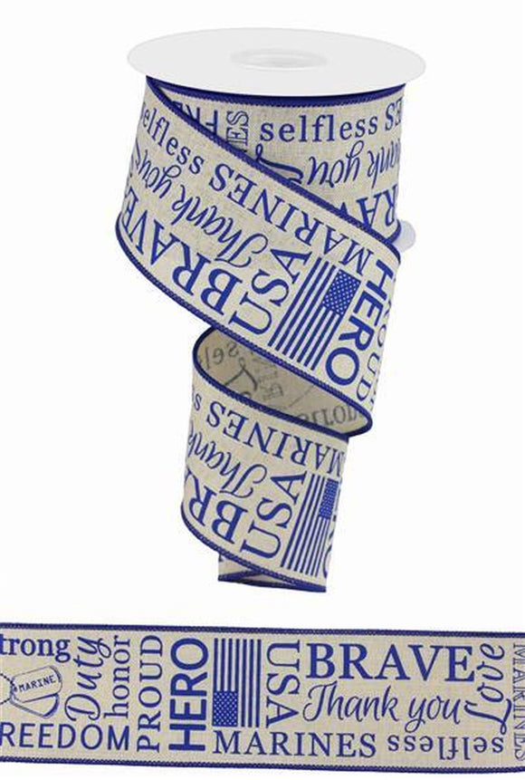 PerpetualRibbons Misc Ribbon 2.5 inch Wired Natural & Blue US Marine Corp Ribbon - The Few The Proud - Hero - Brave - 10 Yards