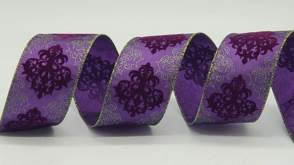 PerpetualRibbons Misc Ribbon 2.5 inch Wired Purple Satin DaMask Ribbon with Lime Green Threaded Edges - 10 Yards 10 Yards 2.5 inch Wired Purple Satin Damask Ribbon | Perpetual Ribbons