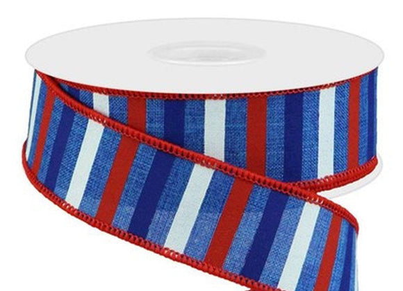 PerpetualRibbons Patriotic Ribbon 1.5 or 2.5 inch Wired Patriotic Ribbon - Blue Canvas Ribbon with Red, White & Blue Horizontal Stripes - 10 Yards