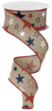 PerpetualRibbons Patriotic Ribbon 1.5 inch Natural Ribbon with Scattered Red, White & Blue Stars - 10 Yards
