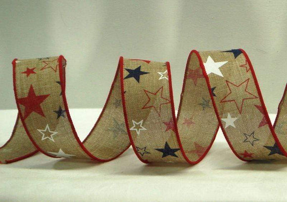 PerpetualRibbons Patriotic Ribbon 1.5 inch Natural Ribbon with Scattered Red, White & Blue Stars - 10 Yards