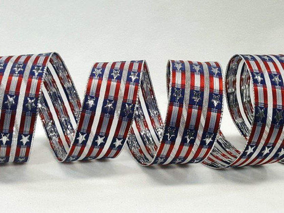 PerpetualRibbons Patriotic Ribbon 1.5 inch Red, White & Silver Striped Ribbon with Blue Boxes and Silver Stars - 5 Yards