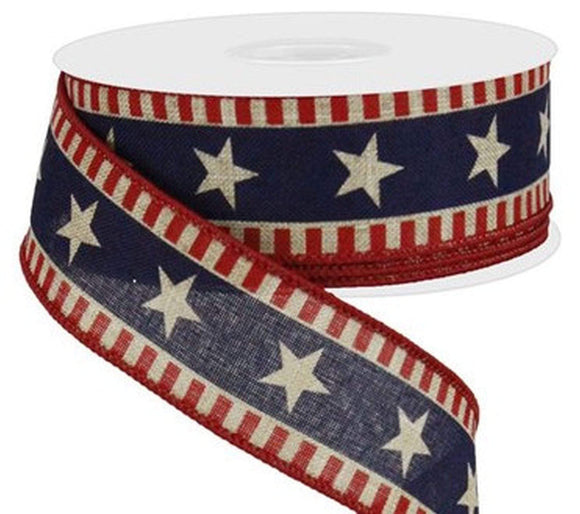 PerpetualRibbons Patriotic Ribbon 1.5 inch Stars & Stripes on Light Beige Canvas Ribbon - 10 Yards
