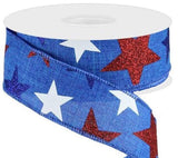 PerpetualRibbons Patriotic Ribbon 1.5 inch Wired Patriotic Ribbon - Blue Canvas Ribbon with Red, White & Blue Stars - 10 Yards