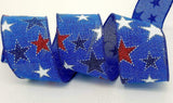 PerpetualRibbons Patriotic Ribbon 2.5 1.5 or 2.5 inch Wired Patriotic Ribbon - Blue Canvas Ribbon with Red, White & Blue Glitter Stars - 10 Yards