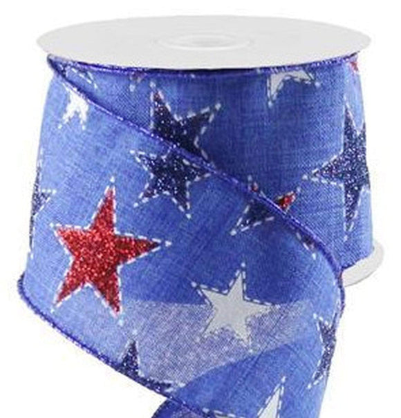 PerpetualRibbons Patriotic Ribbon 2.5 1.5 or 2.5 inch Wired Patriotic Ribbon with Red, White & Blue Glitter Stars - 10 Yards 1.5 or 2.5 inch Wired Patriotic Ribbon | Perpetual Ribbons