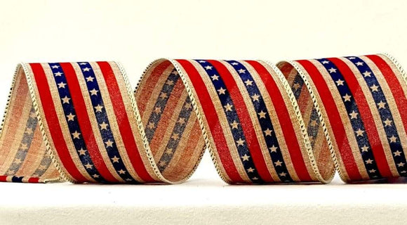 PerpetualRibbons Patriotic Ribbon 2.5 inch American Star Spangle Stripes on Natural Ribbon - 10 Yards
