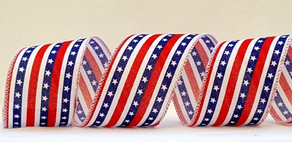 PerpetualRibbons Patriotic Ribbon 2.5  inch American Star Spangle Stripes on White Ribbon - 10 Yards