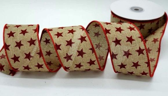 PerpetualRibbons Patriotic Ribbon 2.5 inch Natural Linen with Red Stars - 5 Yards