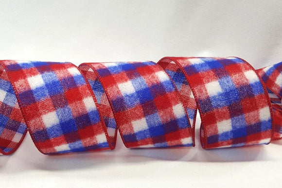 PerpetualRibbons Patriotic Ribbon 2.5 inch Red, White & Blue Flannel Check Ribbon - 10 Yards
