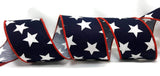 PerpetualRibbons Patriotic Ribbon 2.5 inch Wired Blue Canvas Ribbon w/Large White Stars - 10 yards