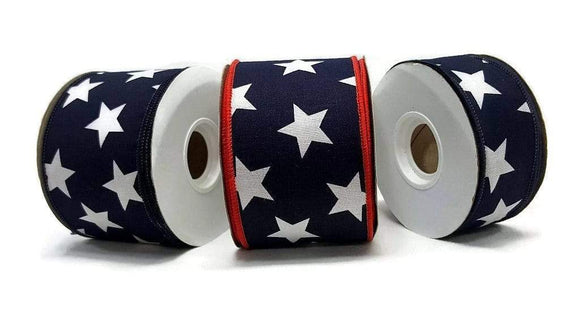 PerpetualRibbons Patriotic Ribbon 2.5 inch Wired Blue Canvas Ribbon w/Large White Stars - 10 yards