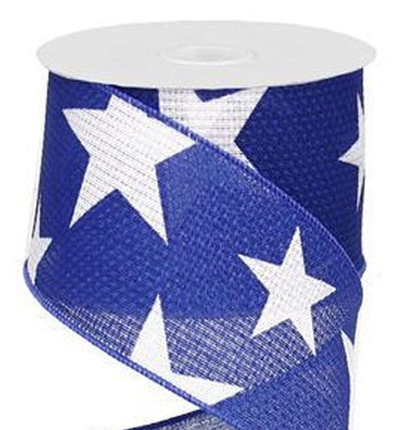 PerpetualRibbons Patriotic Ribbon 2.5 inch Wired Blue Ribbon with Large White Stars - 10 Yards
