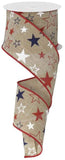 PerpetualRibbons Patriotic Ribbon 2.5 inch Wired Natural Royal Ribbon with Red, White & Blue Stars - 10 Yards