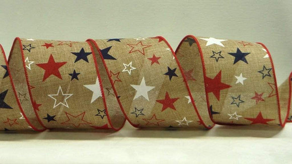 PerpetualRibbons Patriotic Ribbon 2.5 inch Wired Natural Royal Ribbon with Red, White & Blue Stars - 10 Yards