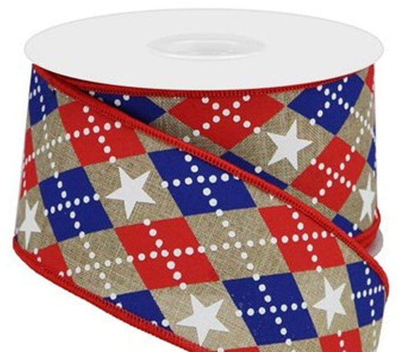 PerpetualRibbons Patriotic Ribbon 2.5 Inch Wired Patriotic Ribbon - Red, Natural & Blue Harlequin Ribbon with White Stars - 10 Yards