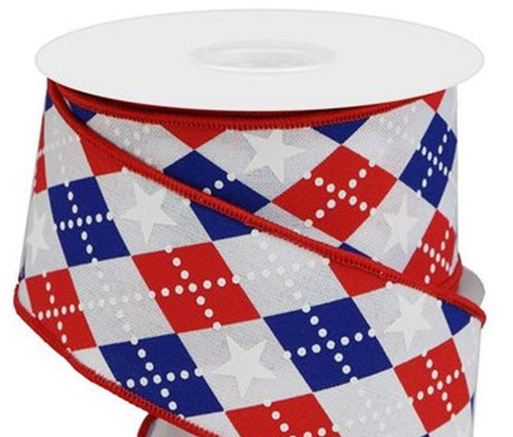 PerpetualRibbons Patriotic Ribbon 2.5 Inch Wired Patriotic Ribbon - Red, White & Blue Harlequin Ribbon with White Stars - 10 Yards