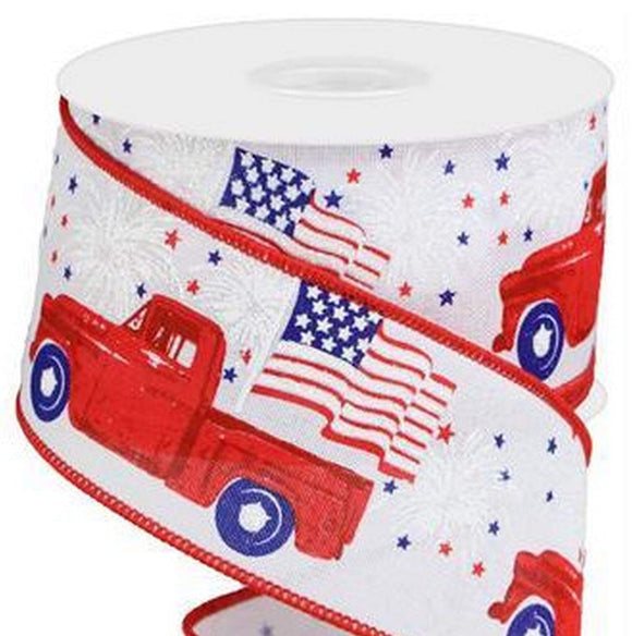 PerpetualRibbons Patriotic Ribbon 2.5 inch Wired Patriotic Truck on White Canvas Ribbon - 10 Yards