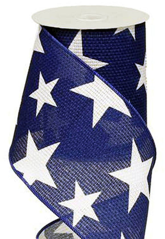 PerpetualRibbons Patriotic Ribbon 4 inch Blue Ribbon with White Stars - 10 Yards