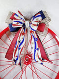 PerpetualRibbons Patriotic Ribbon Wired Patriotic Ribbon - 1.5 inch Off White with Red, Blue, Gold Stars - 4th of July Decor - USA Flag Ribbon - 10 Yards