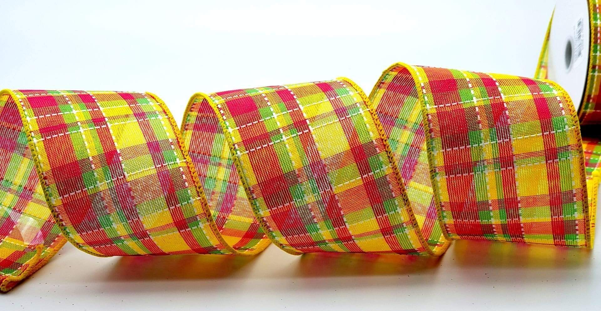 Black and Yellow Gingham Ribbon, 1 1/2 Wide, Wired Edge, 5 YARDS