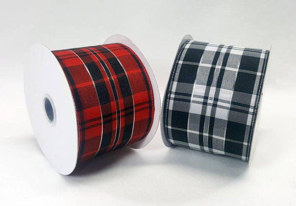 Black Plaid Ribbon with Wired Edge & Silver Accents, 10 yard