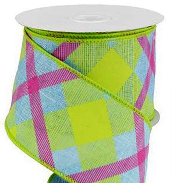 PerpetualRibbons Plaid 2.5 inch Blue, Lime Green & Hot Pink Canvas Type Plaid Ribbon - 10 Yards