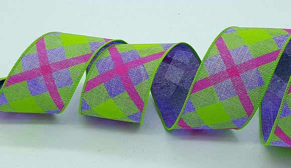 PerpetualRibbons Plaid 2.5 inch Lavender, Lime Green & Hot Pink Canvas Type Plaid Ribbon - 10 Yards