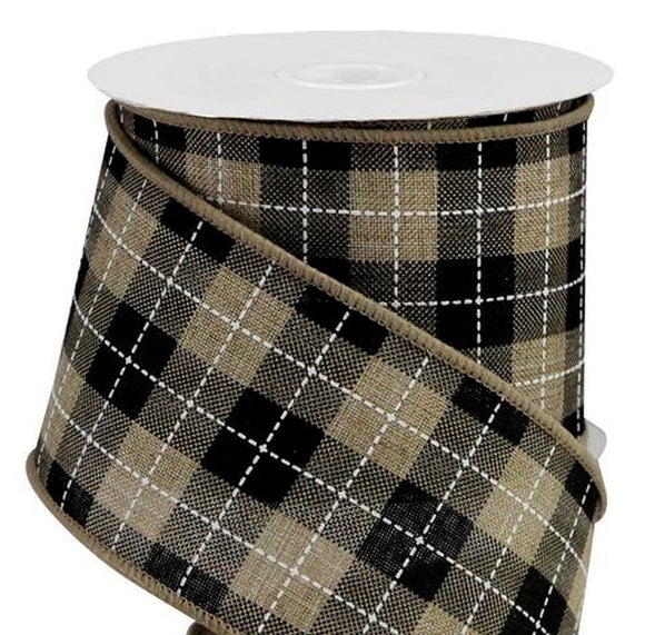 PerpetualRibbons Plaid 2.5 inch Wired Beige, Black & White Printed Woven Check Ribbon -10 Yards