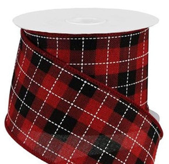 PerpetualRibbons Plaid 2.5 inch Wired Red, Black & White Printed Woven Check Ribbon -10 Yards