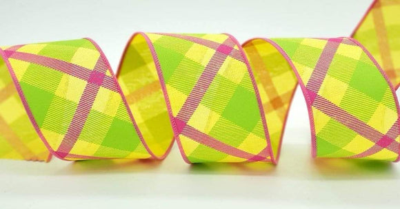 PerpetualRibbons Plaid 2.5 inch Yellow, Lime Green & Hot Pink Canvas Type Plaid Ribbon - 10 Yards