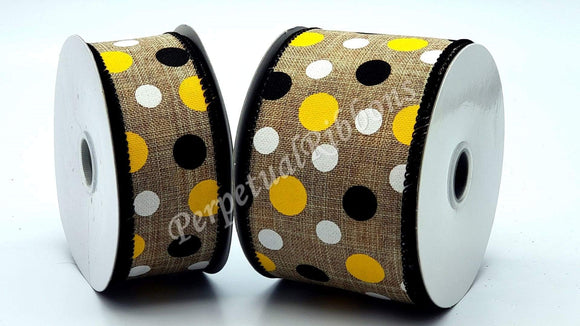 PerpetualRibbons Polka Dot 1.5 or 2.5 inch Natural Linen Ribbon with Black, White & Yellow Dots - 5 Yards