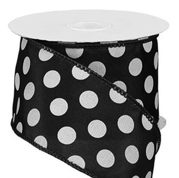 2 Pack Premium Satin with Wire Ribbon - Black Polka Dot with Black