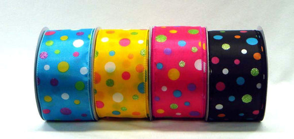 PerpetualRibbons Polka Dot 2.5 inch Bright Dots on Turquoise, Yellow, Hot Pink or Black Satin Ribbon - 5 Yards