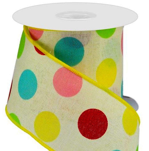 PerpetualRibbons Polka Dot 2.5 inch Pale Yellow Canvas Ribbon with Bright Multi Colored Dots - Wired Polka Dot Ribbon - 10 Yards