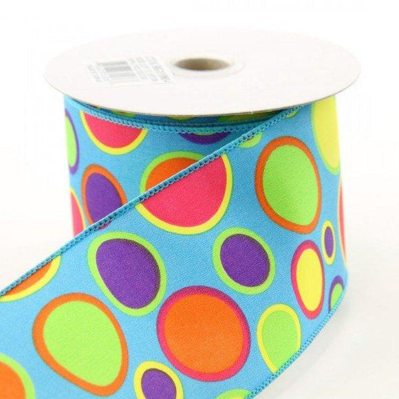 PerpetualRibbons Polka Dot 2.5 inch Turquoise ribbon with bright multi colored polka dots - 10 Yards