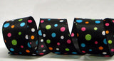 PerpetualRibbons Polka Dot Black 2.5 inch Bright Dots on Turquoise, Yellow, Hot Pink or Black Satin Ribbon - 5 Yards