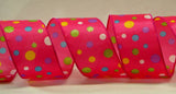 PerpetualRibbons Polka Dot Pink 2.5 inch Bright Dots on Turquoise, Yellow, Hot Pink or Black Satin Ribbon - 5 Yards