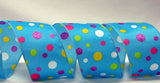 PerpetualRibbons Polka Dot Turquoise 2.5 inch Bright Dots on Turquoise, Yellow, Hot Pink or Black Satin Ribbon - 5 Yards