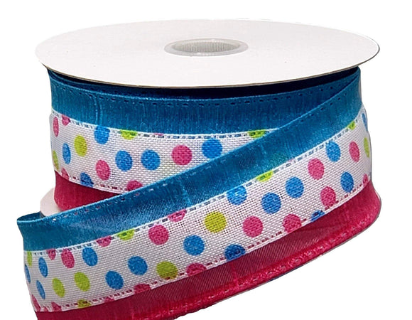 PerpetualRibbons Polka Dot Wired Party Ribbon - 1.5 inch Hot Pink & Turquoise Satin Edged Ribbon with a Canvas Center with Polka Dots - 5 Yards