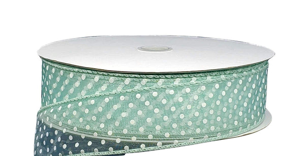 1.5 inch Sheer Aqua Ribbon with with Small White Polka Dots - Wired Spring Ribbon - 5 Yards